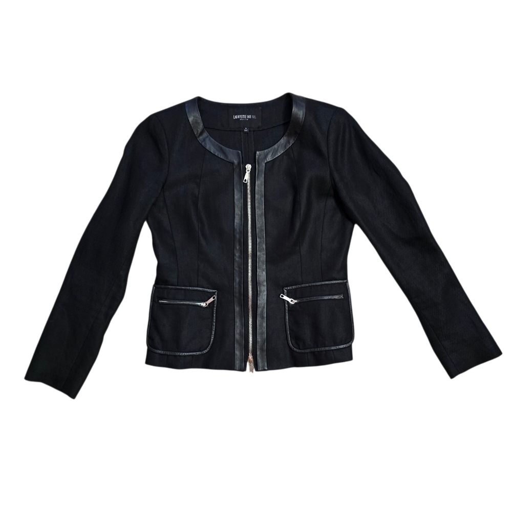 Lafayette 148 New York Black Linen Full Zip Jacket with Leather Accents 6P - Picture 3 of 12